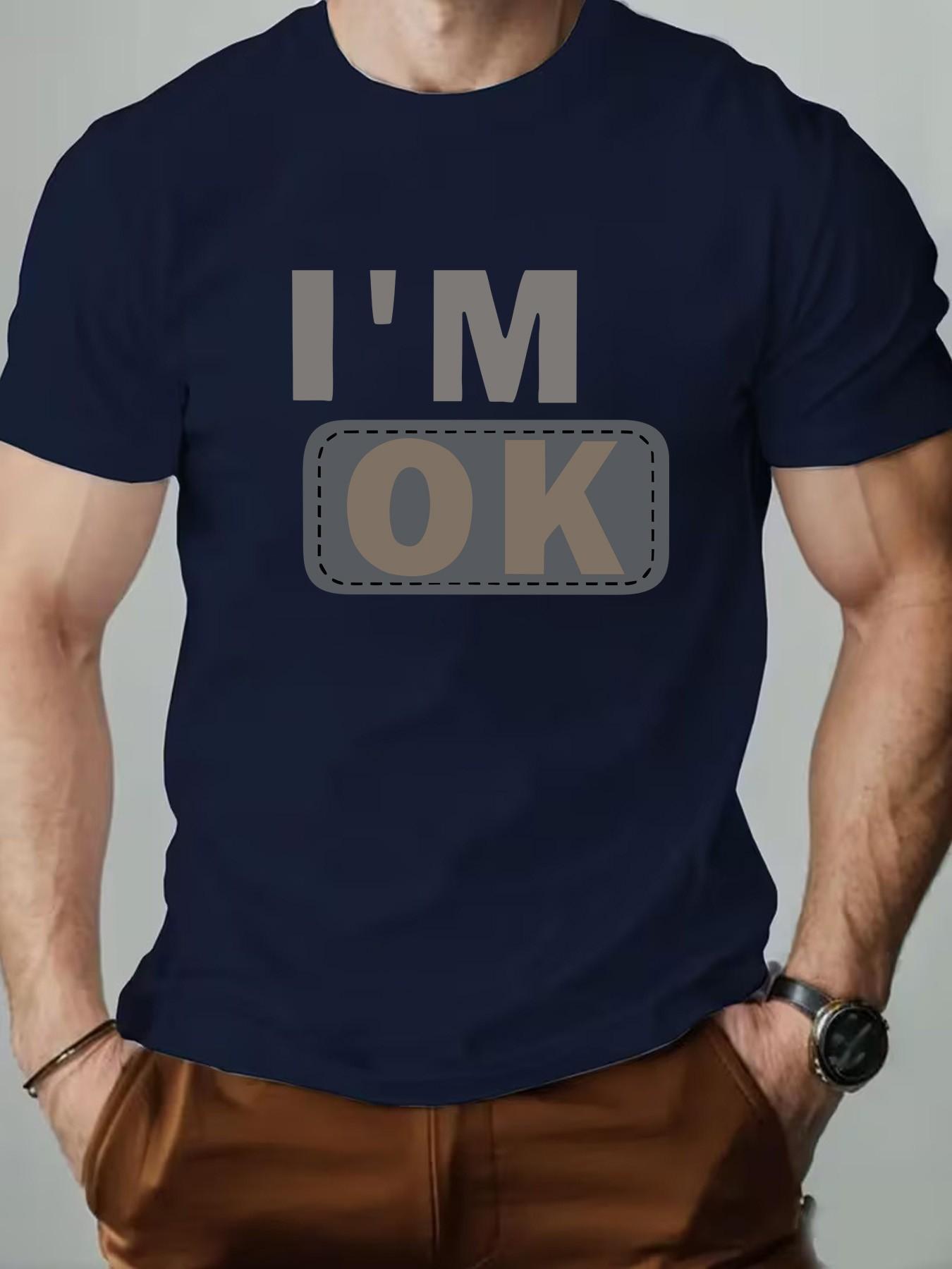 Men's Round Neck T-Shirt, Fashion I'm Ok Patch Design, Geometric Print, Retro Style, Long Sleeve, Casual Wear, Perfect Gift