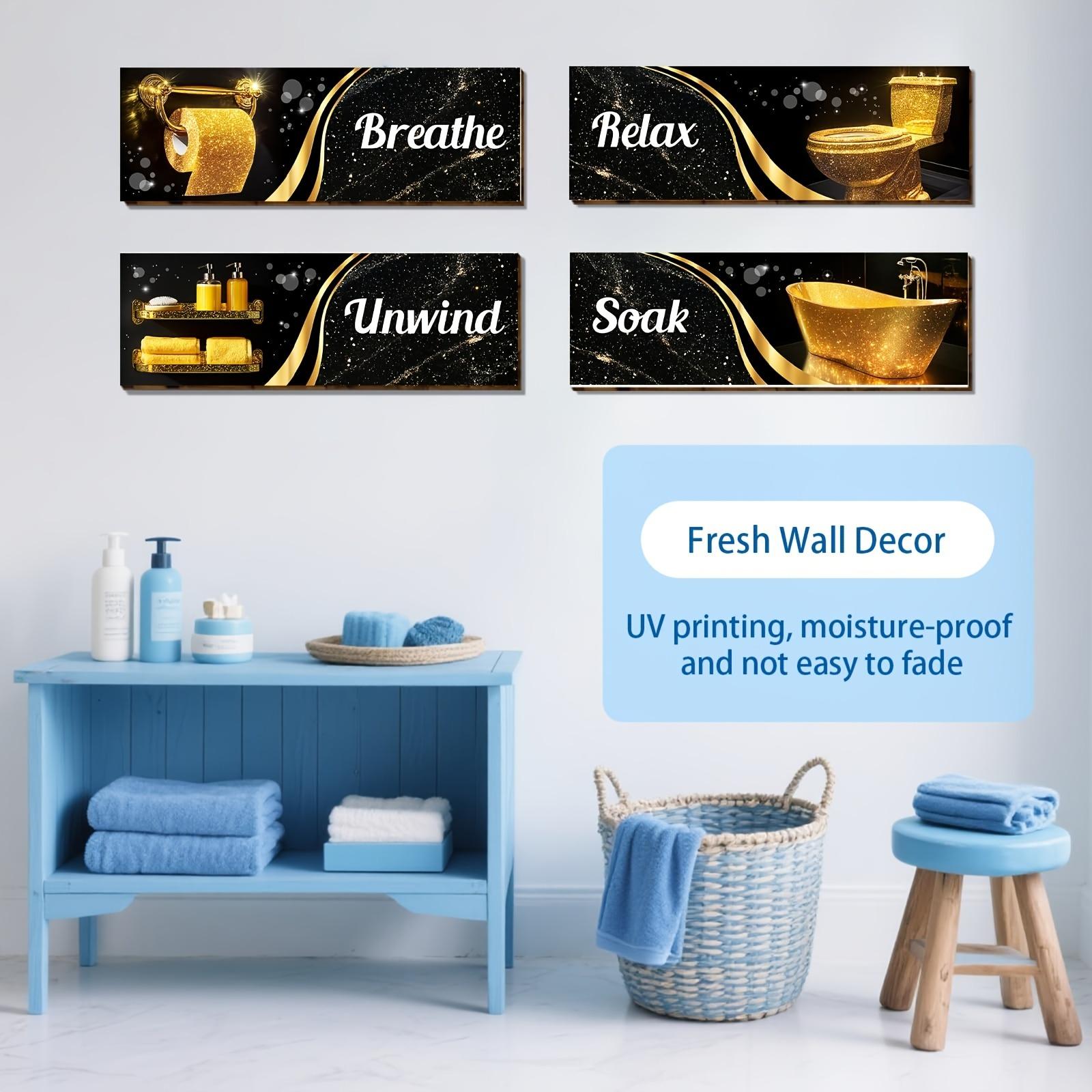 4pcs Black and Golden Wooden Wall Art Set - Abstract Bathroom Decor Sign "Breathe, Relax, Unwind" - Sparkling Toilet Wall Decoration for Home, Bathroom, Laundry Room, Living Room, and Bedroom