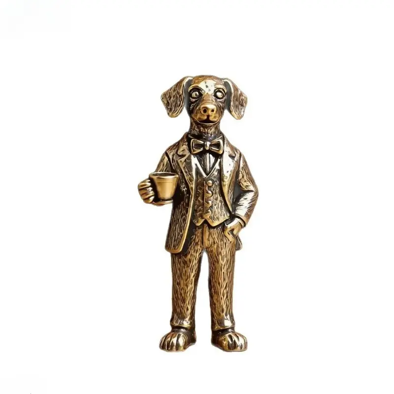 Vintage Brass‑Copper Handmade Dog Statue, Retro Mini Metal Animal Tea Pet Figurine, Desktop Home Decor Sculpture, Brass Craft Collectible Gift
