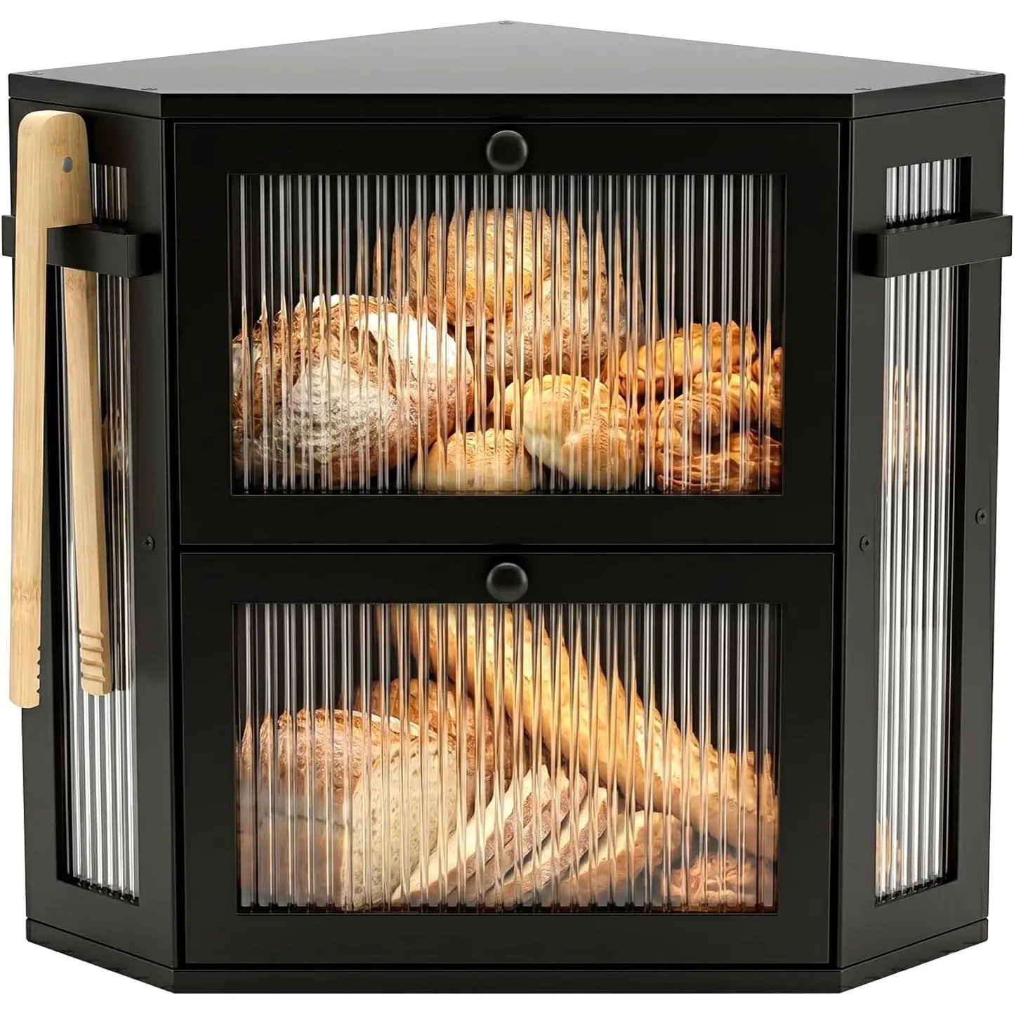 Black Corner Bread Box for Kitchen Countertop, Extra Large Bamboo Storage Breadbox with Bread Tong, 2 Tier Modern Bread Bin Container for Homemade Bread with Ribbed Acrylic Door Panel