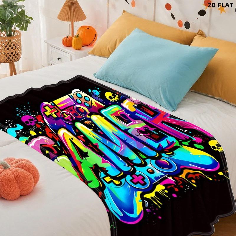 GAMER - Themed Graffiti - Style Throw Blanket, Single - Sided Printed, Various Specs, Vibrant Game Controller & Skulls Design, Perfect for Gaming Room/Lounge Relaxation, Soft Comfortable Fabric for Adults, Stylish Decorative & Cozy Nap Blanket