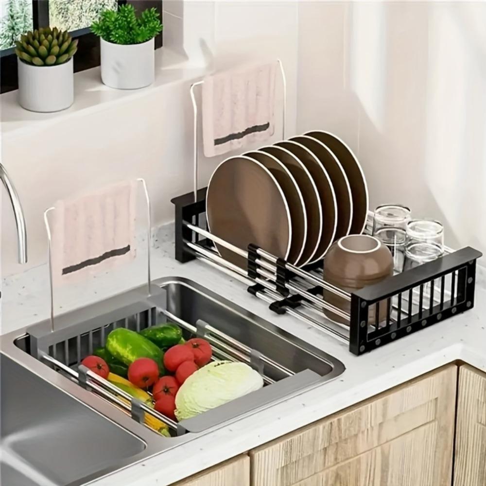Heavy-duty stainless steel dish drying rack with drain tray, adjustable and rotatable drying rack with utensil and cup holders, Adjustable Dividers, space-saving kitchen countertop organizer, suitable for RVs, dormitories, efficient drainage system