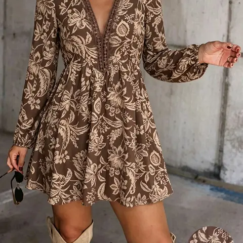 Women's Boho Floral Print Mini Dress, V Neck Lace Trim Flowy A-Line Long Dress, Casual Fall Dress for Daily Outings, Ladies Dress
