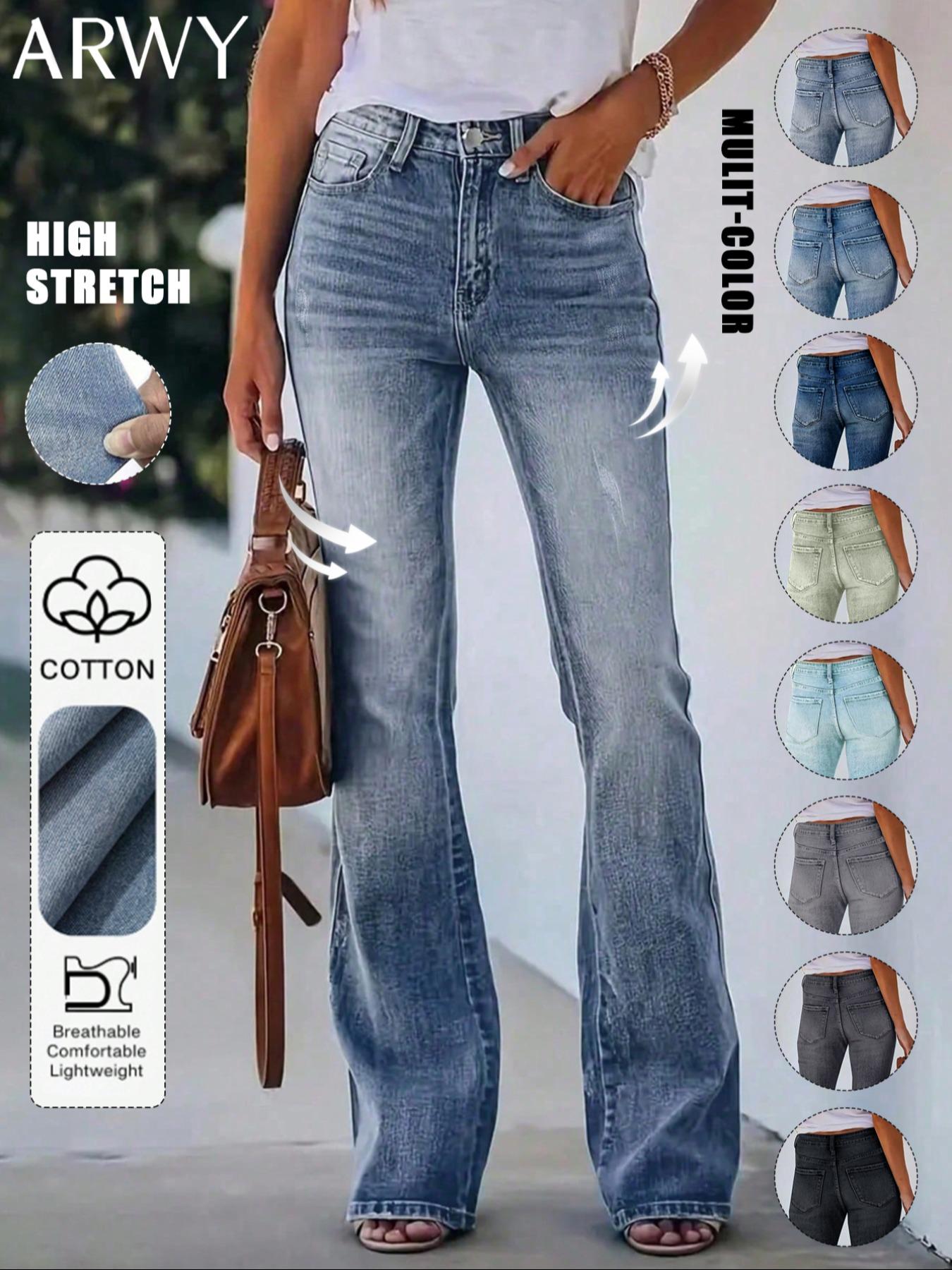 Women's Gradient-Color Slim-Fit Bootcut Jeans with Button, Fashion Mid-Rise Stretchy Washed Denim Pants, Bohemian Style for All Seasons