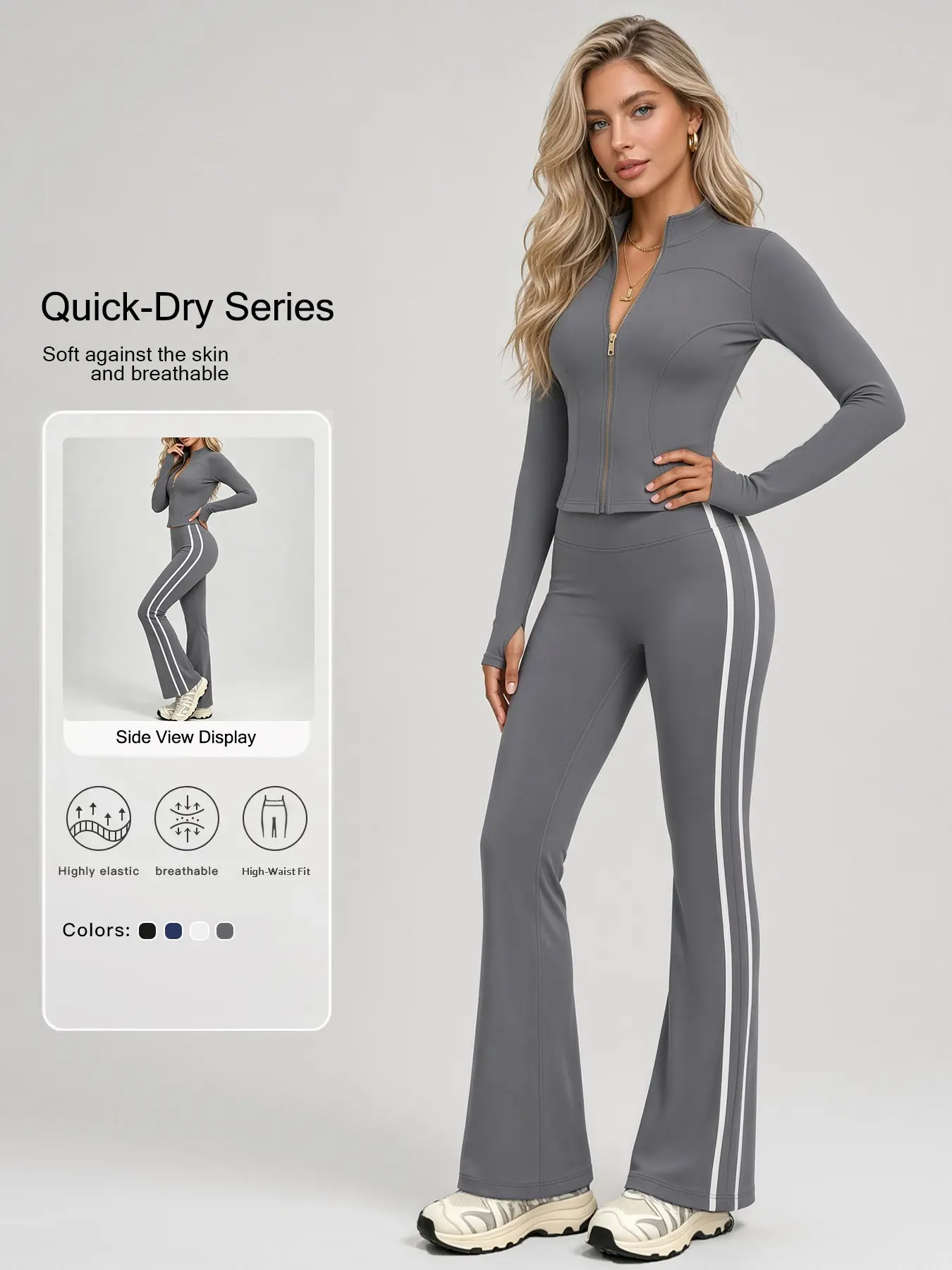 Autumn New Arrival Workout Set 2 Piece Zip Jacket Side Stripe High Waist Flare Leggings Stretch
