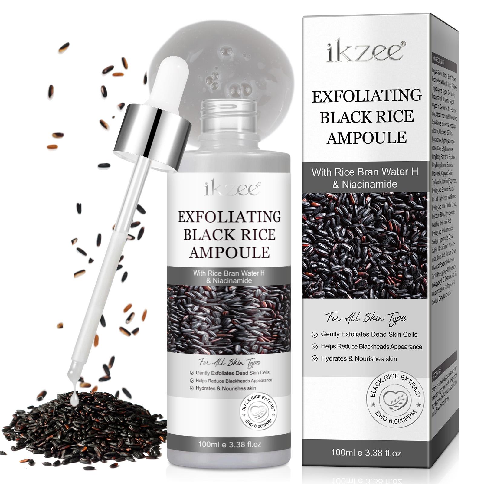 ikzee Black Rice Exfoliating Ampoules 100ml, Hydrating Exfoliant, a gentle mild daily exfoliating scrub for face and body, brightens and removes dead skin cells from all skin types, a daily skincare product.