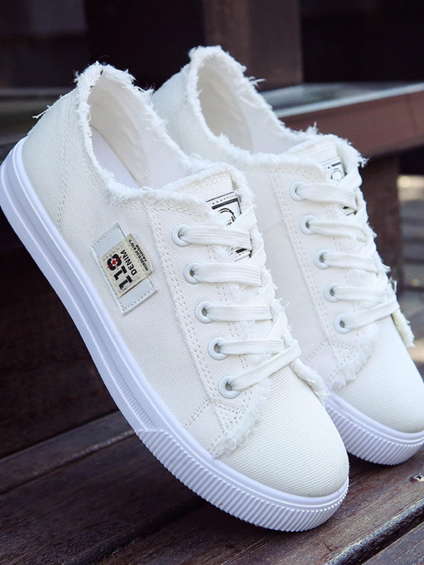 Women's Fashionable Raw Trim Lace Up Low Top Sneakers, Casual Comfortable Lightweight Skate Shoes, Female All-match Round Toe Canvas Shoes for Daily Wear