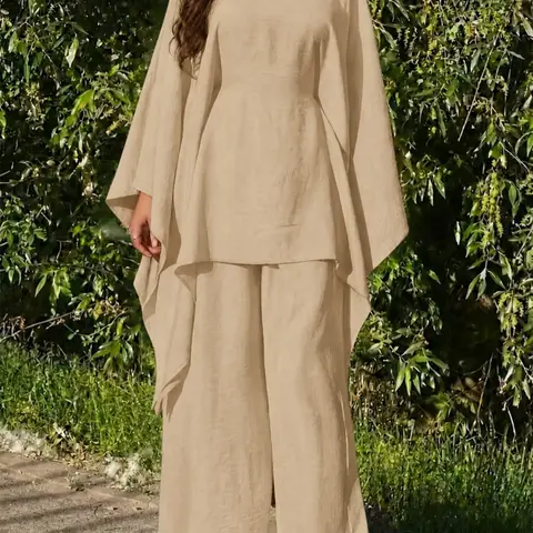 【Black Friday】Women's Loose Two-Piece Set, Minimalist Long Top + Wide Leg Pants, Casual Natural Style for Spring & Fall