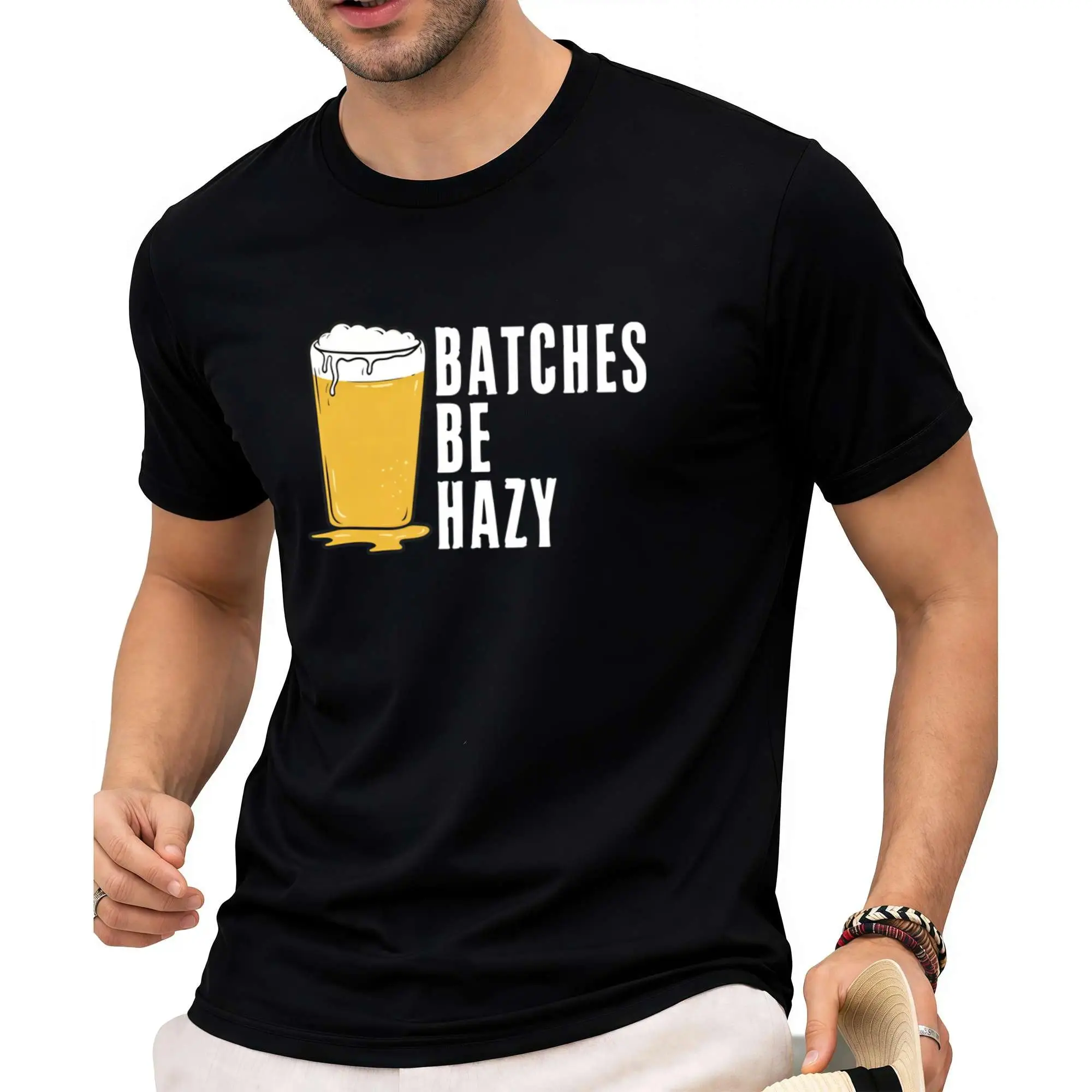 Men's Pure Cotton T-Shirt - Handmade Beer "Batches Be Hazy" IPA Light Beer Pattern, Sports Casual Short Sleeve Crew Neck Top Suitable for Golf and All Seasons, Machine Washable, Beer Themed T-Shirt, All-Season Clothing, The Cloudier the Better -- funny