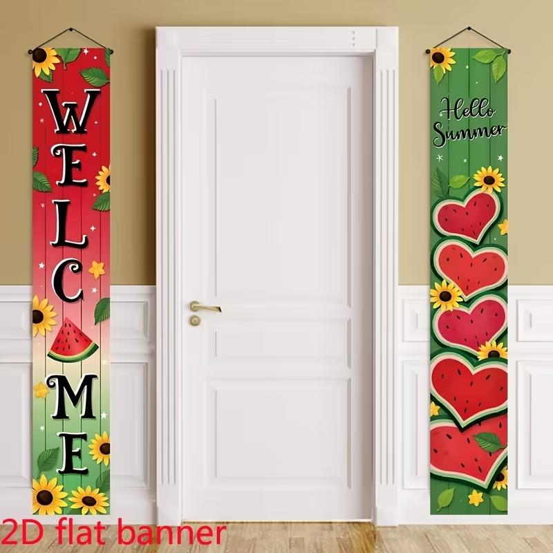Welcome Hello Summer Porch Banners Set, Watermelon Sunflower Vertical Door Signs, Summer Farmhouse Garden Decor, Festival Decorations