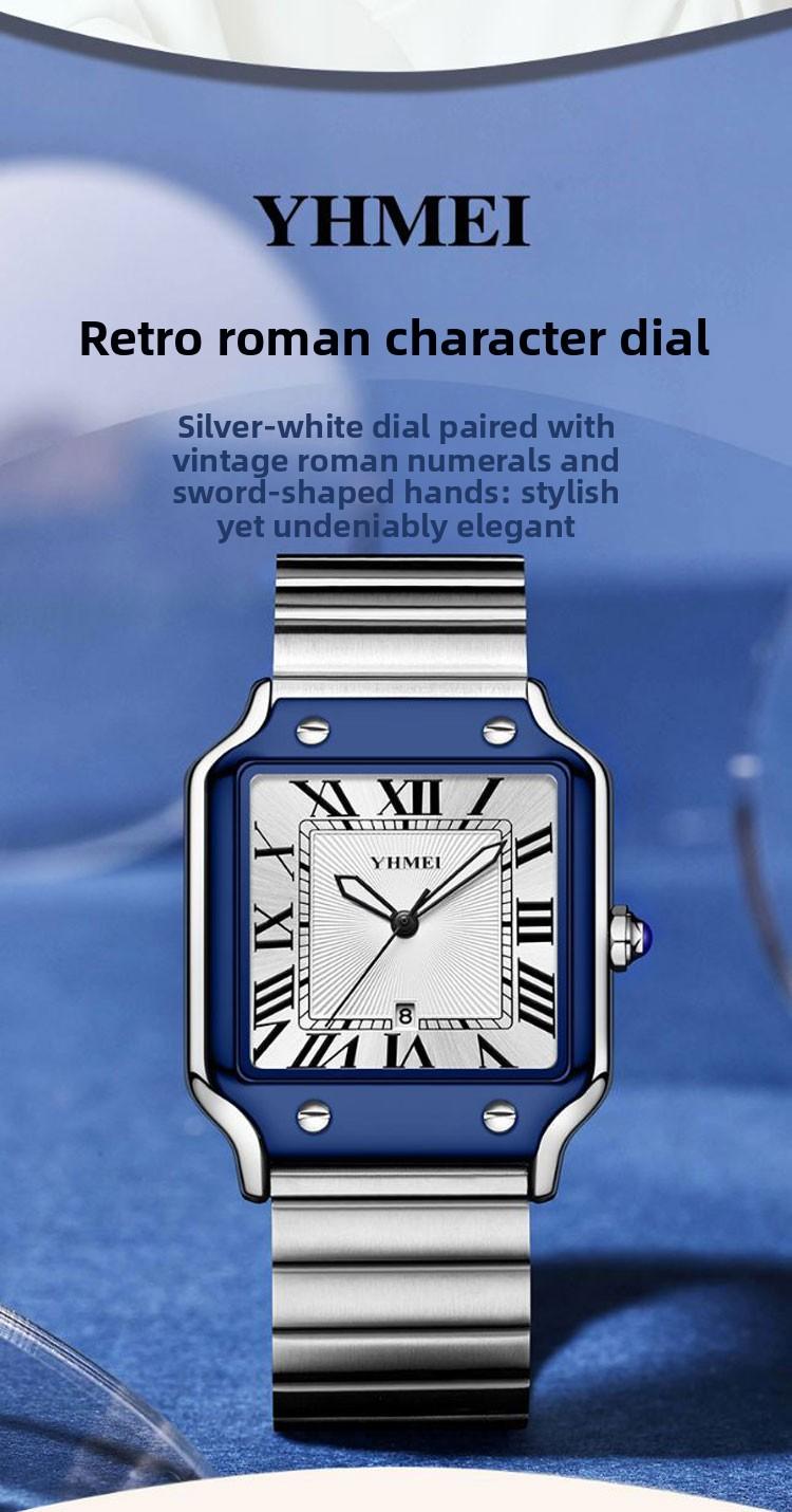 Women's Men's Unisex Square Watch - Silver Stainless Steel Band, Roman Numerals, Date Display, Waterproof Quartz Wristwatch, Fashion Casual Retro Wristwatch, Perfect Gift