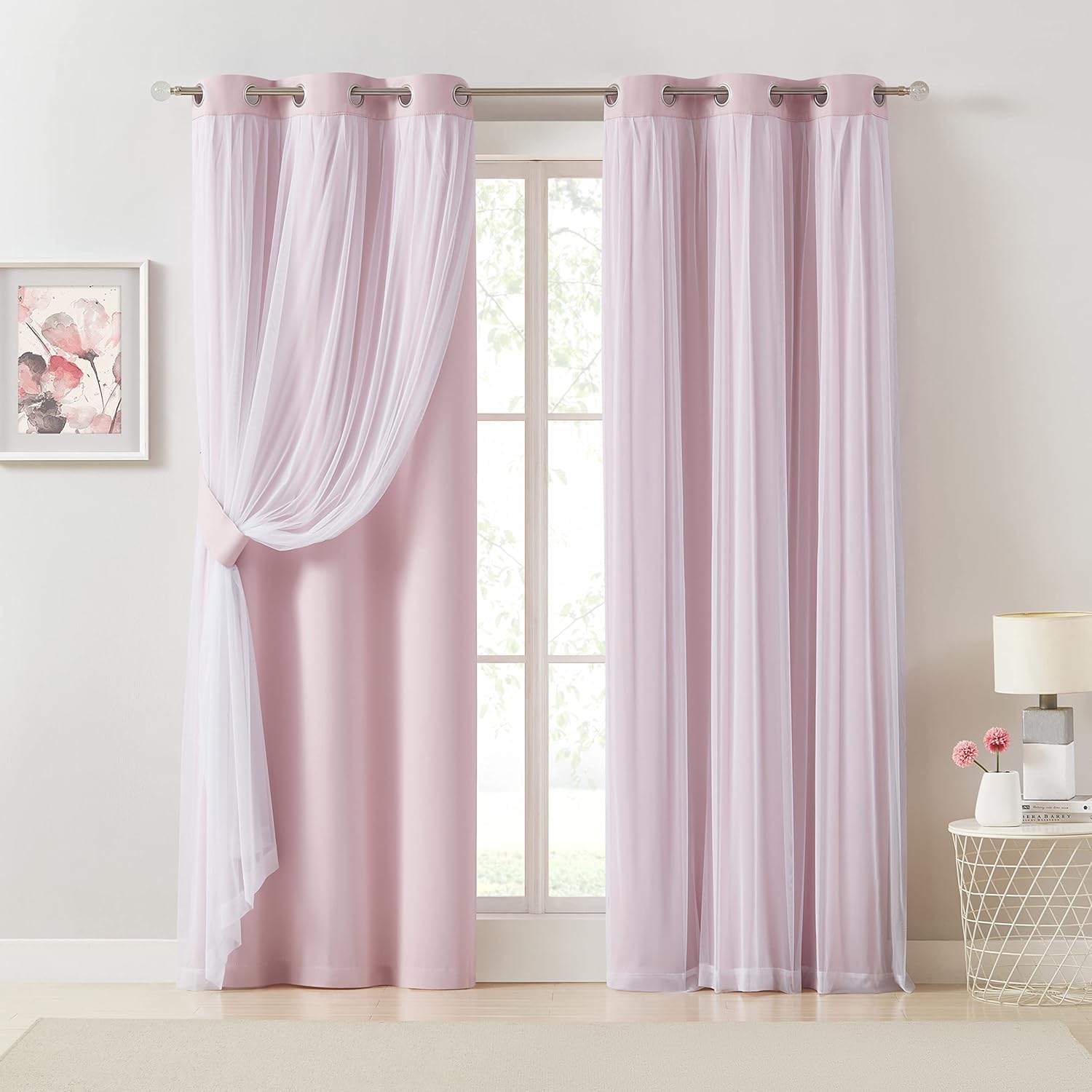 French Romantic Two-Layer Cloth Light-Blocking Finished Home Decoration Curtain, Fashionable Hole Drapery for Living Room, Stylish and Trendy Window Covering