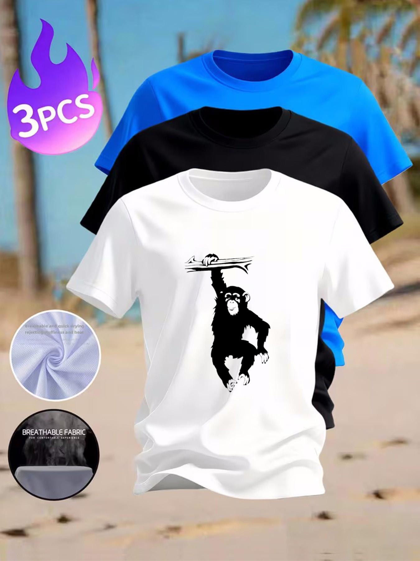 3-Pack Men's Quick Dry Monkey Print T-Shirts, Breathable Casual Short Sleeve Tees for Summer