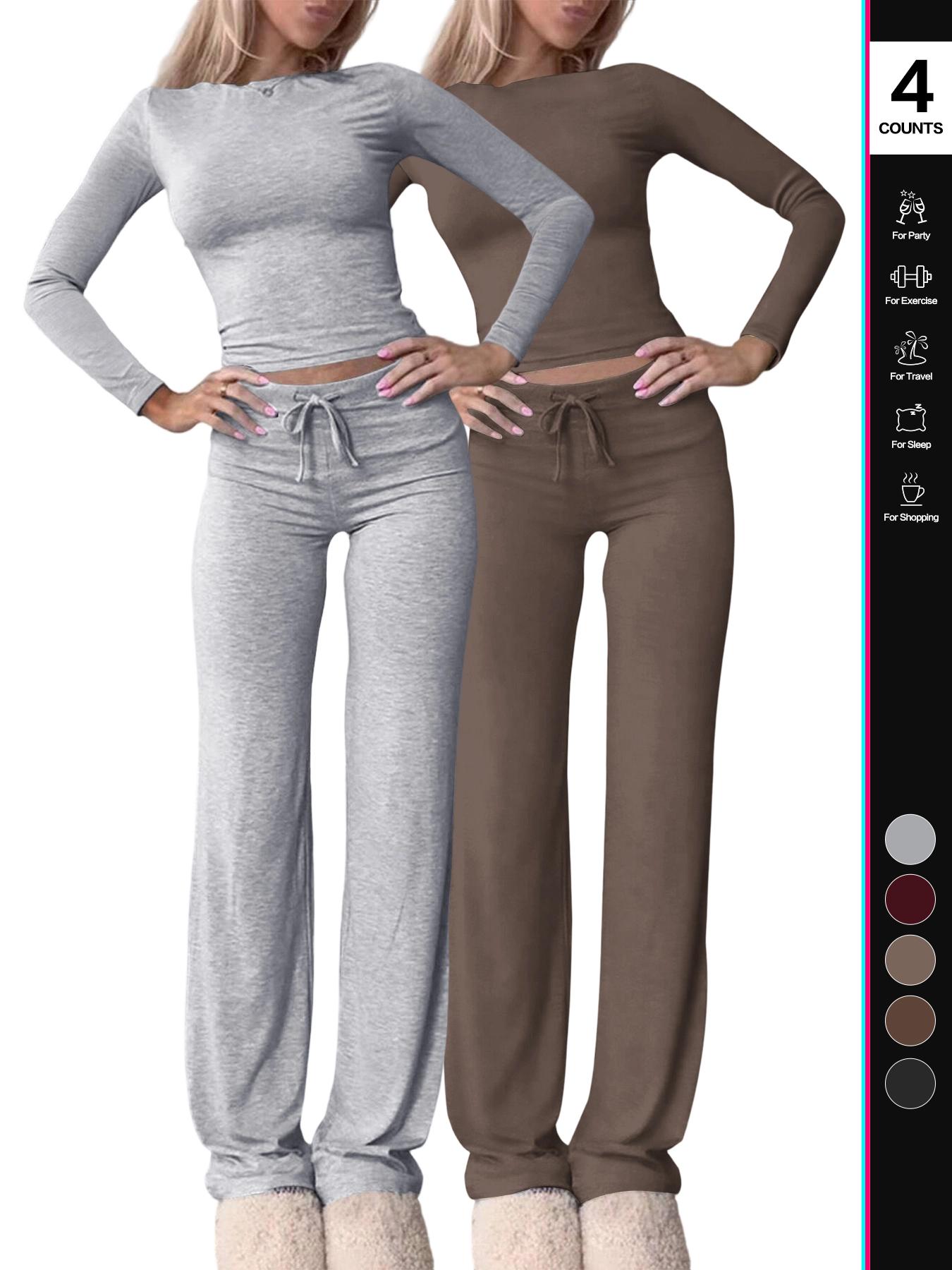 2026 Two Pieces Fall Women Clothes Y2K Sporty Casual Home Solid Color Fitted Long-Sleeved T-Shirt And Long Pants Set