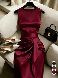 Knit Glossy Midi Dress, Round Neck Sleeveless, Wine, Elegant Office Wear, Asymmetric Pleated Design, High Waist Belt, Ffsp2666