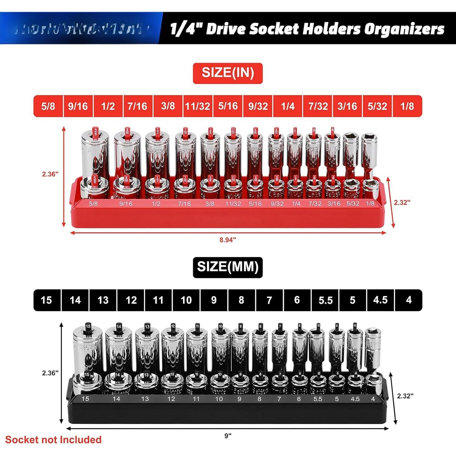 1/4-Inch Drive Socket Organizer Trays, 2- SAE and Metric Socket Tray Set, Deep and Standard Socket Holders Organizers for Toolbox, Black & Red