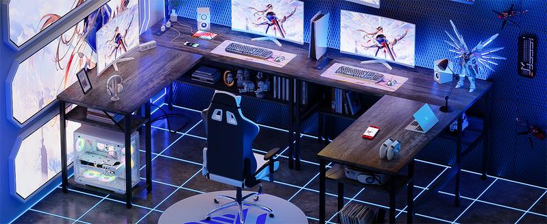 Homieasy Reversible L Shaped Gaming Desk with Power Outlets and USB Charging Ports, Sturdy Computer Desk with Storage Shelf, Modern Corner Desk Home Office Table, Easy to Assemble