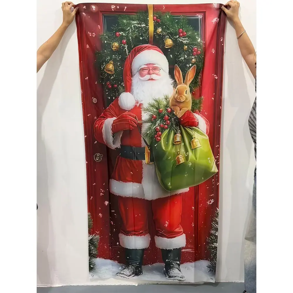 1pc festive Christmas background cloth door panel decoration, polyester material, Santa Claus holding gifts, bunny design, suitable for Festive home decoration, holiday decoration, Christmas decoration, party decoration