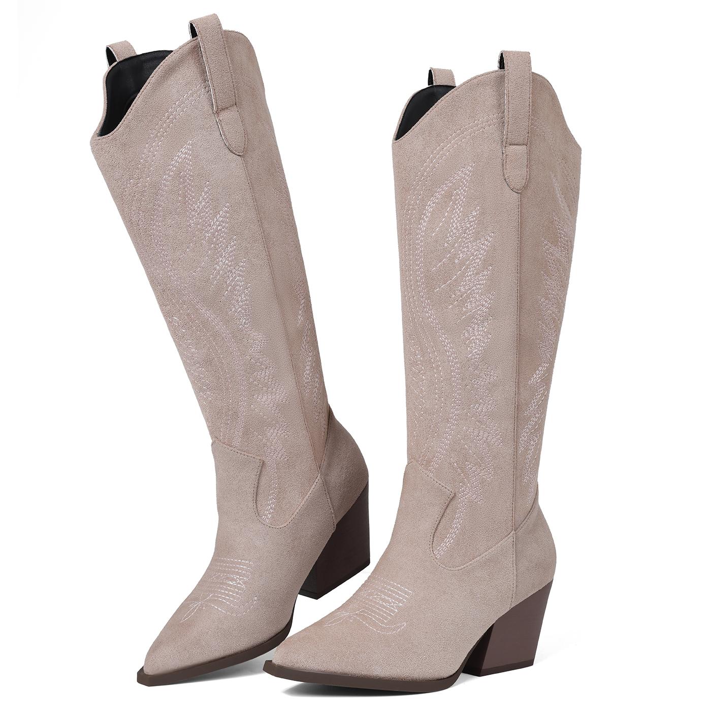 AOSPHIRAYLIAN Women Cowboy Suede Boots Mid Calf Cowgirl Boots Western Red/black/brown Boots Embroidered Suede Pull On Almond Toe Chunky Heel SpringStatements