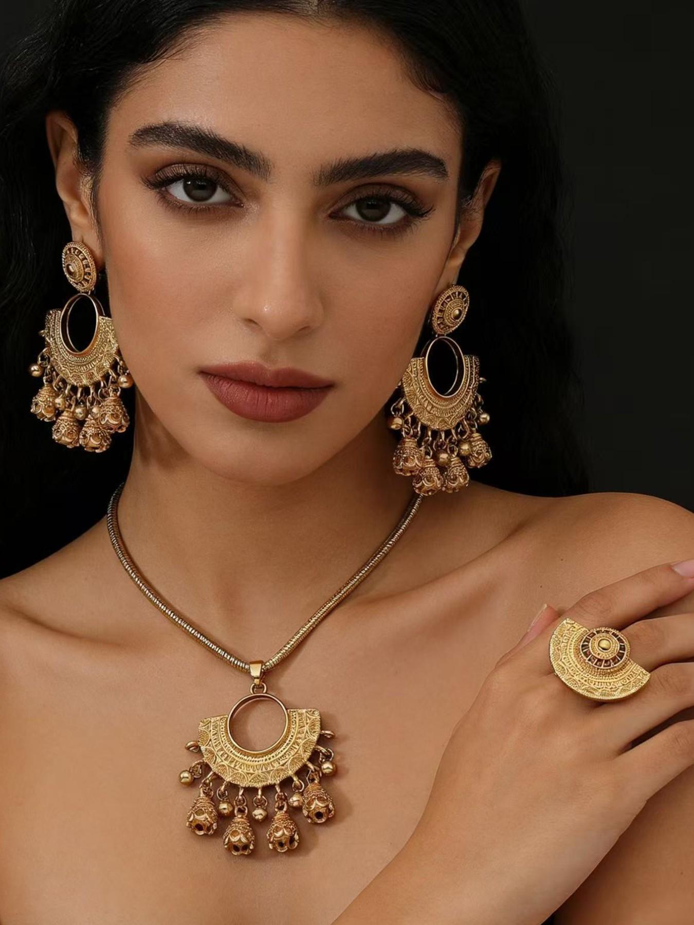 Vintage Bell Set Necklace Earrings Ring, Elegant Ethnic Wedding Party Accessories, All Seasons Jewelry Set