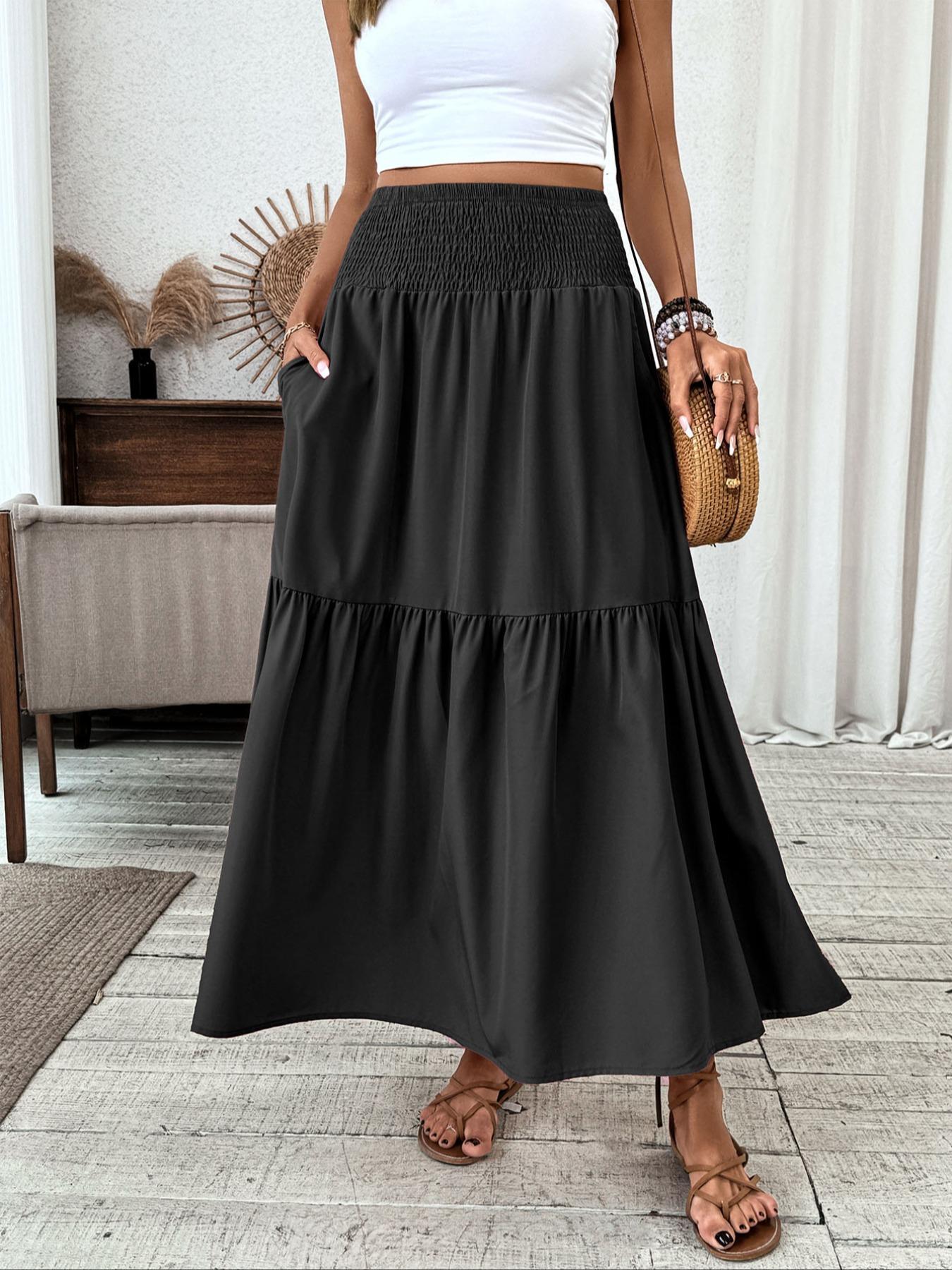 Women's Floral Chic Casual A-Line Ruffled Skirt, Elastic Waist Pockets, Leaf Hem, Long Fitted Skirt, Fashionable Mid-Length Dress