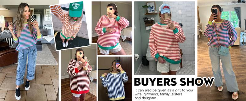 FISOEW Womens Striped Oversized Sweatshirt Color Block Crew Neck Long Sleeve Shirt Casual Loose Pullover Top Y2K Clothes Hoodie denimtearhoodie pink palm zip hoodie graphic zip Leg Baggy Womenswear Cotton