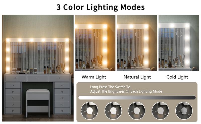 FUSOU 47''W 13 Drawers Vanity Desk, Makeup Vanity with Power Outlet, Vanity Table with Mirror and 12 LED Bulbs, 3 Color Lighting Modes, Glass Top, Dressing Table for Bedroom FUSOU 47''W 13 Drawers Vanity Desk, Makeup Vanity with Power Outlet, Vanity Table with Mirror and 12 LED Bulbs, 3 Color Lighting Modes, Glass Top, Dressing Table for Bedroom