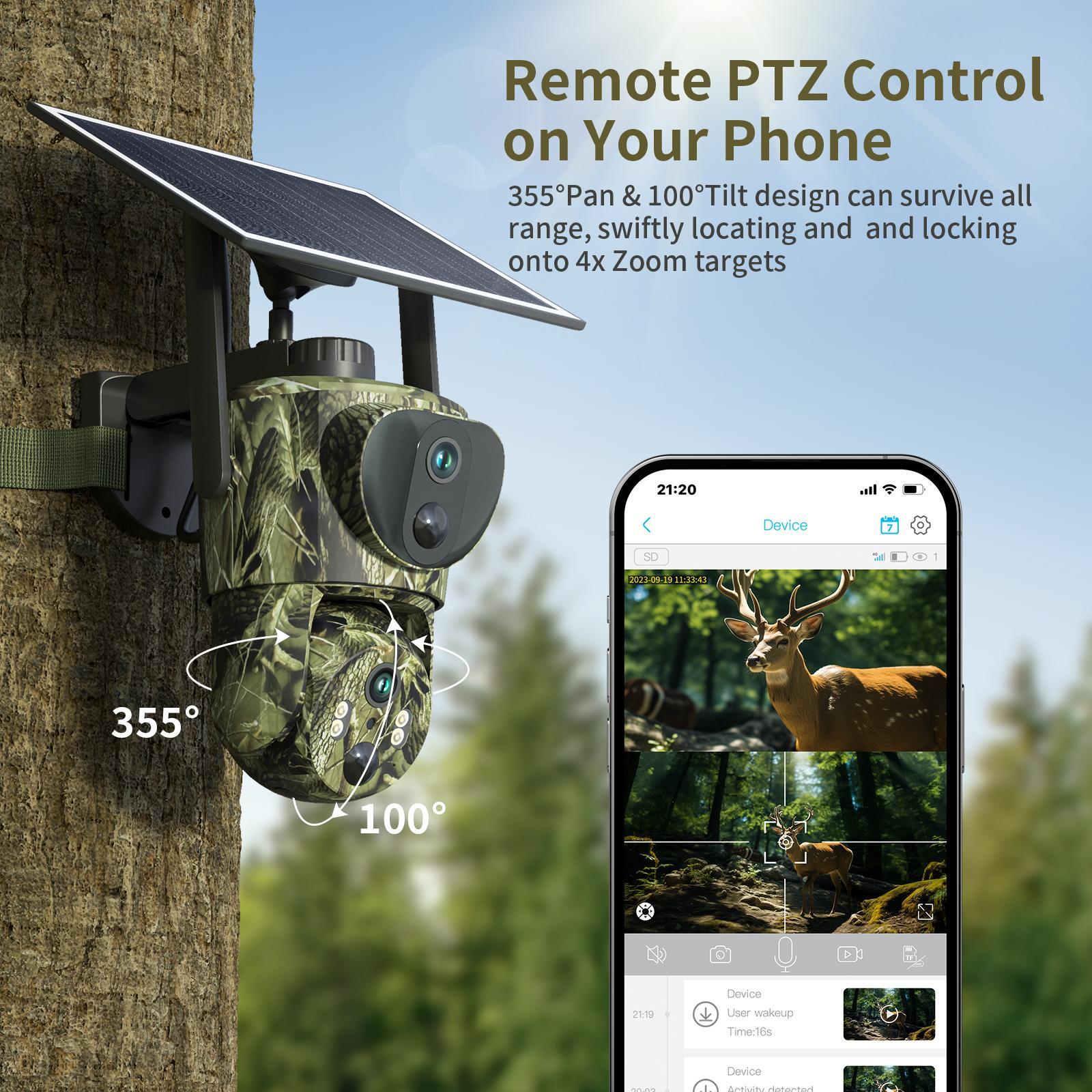 [Live Only] 2 Pack Dual Lens Linkage 4G LTE Cellular Trail Cameras-Solar Powered Surveillance, 360° Pan Tilt,2K Live View, No WiFi, Cellular Data Replenishment Required