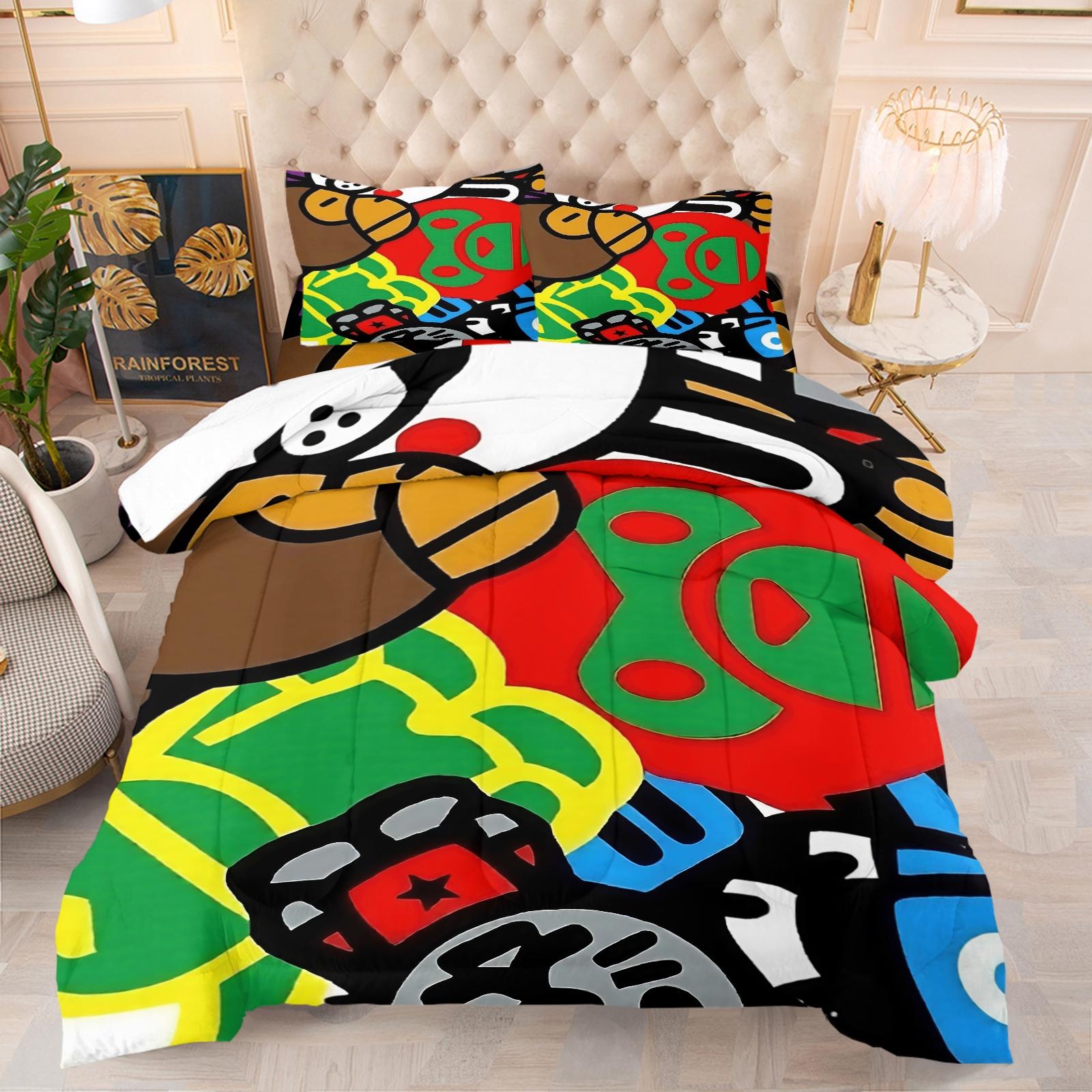 APBE Black White Ape Head Camo Comforter Set, 1 Comforter & 1-2 Coreless Pillowcases, ABC Camo & Ape Head Design, Comfortable Warm Bedding, Minimalist Trendy Industrial Bedroom Decor, Teens & Fans Gift