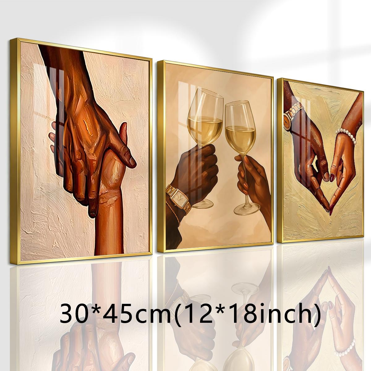 3 Counts Aluminum Alloy Framed Painting, Romantic Couple Hands And Wine Glass Canvas Art, Home Decoration For Living Room, Bedroom, Office, Restaurant, Hallway Wall Decor, Odorless Print Artwork, Luxury Perfect Gift For Friends And Family