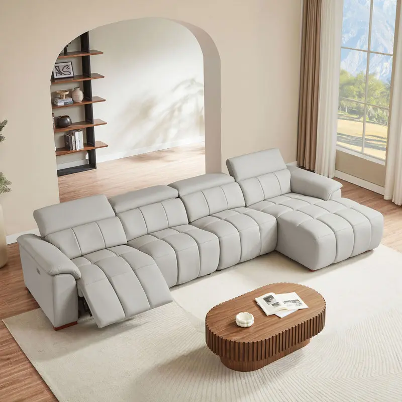 Reclining Sofa, Genuine Leather Power Recliner Sectional Couch with Electric Adjustable Headrest & Footrest, L Shaped 4 Seat Sofa with USB Charging Port, Wall Hugger Theater Seating for Living Room Home