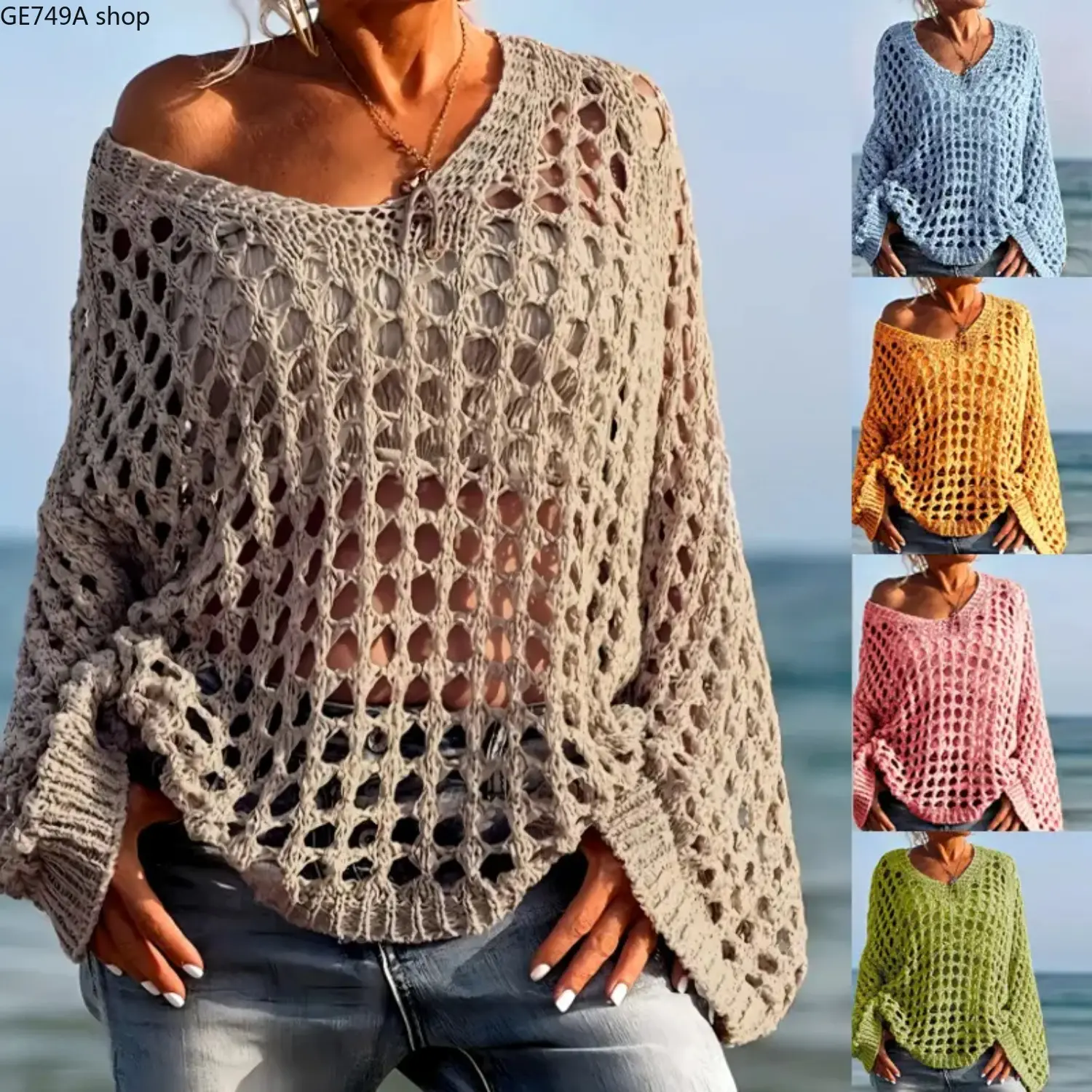 Women's Deep V Neck Knitwear Pullover, Trendy Hollow Out Loose Fit Long Sleeve Sweaters, Casual All Season Crochet Jumper, Lightweight Breatheable Tops, Slouchy Aesthetic Gifts for Her