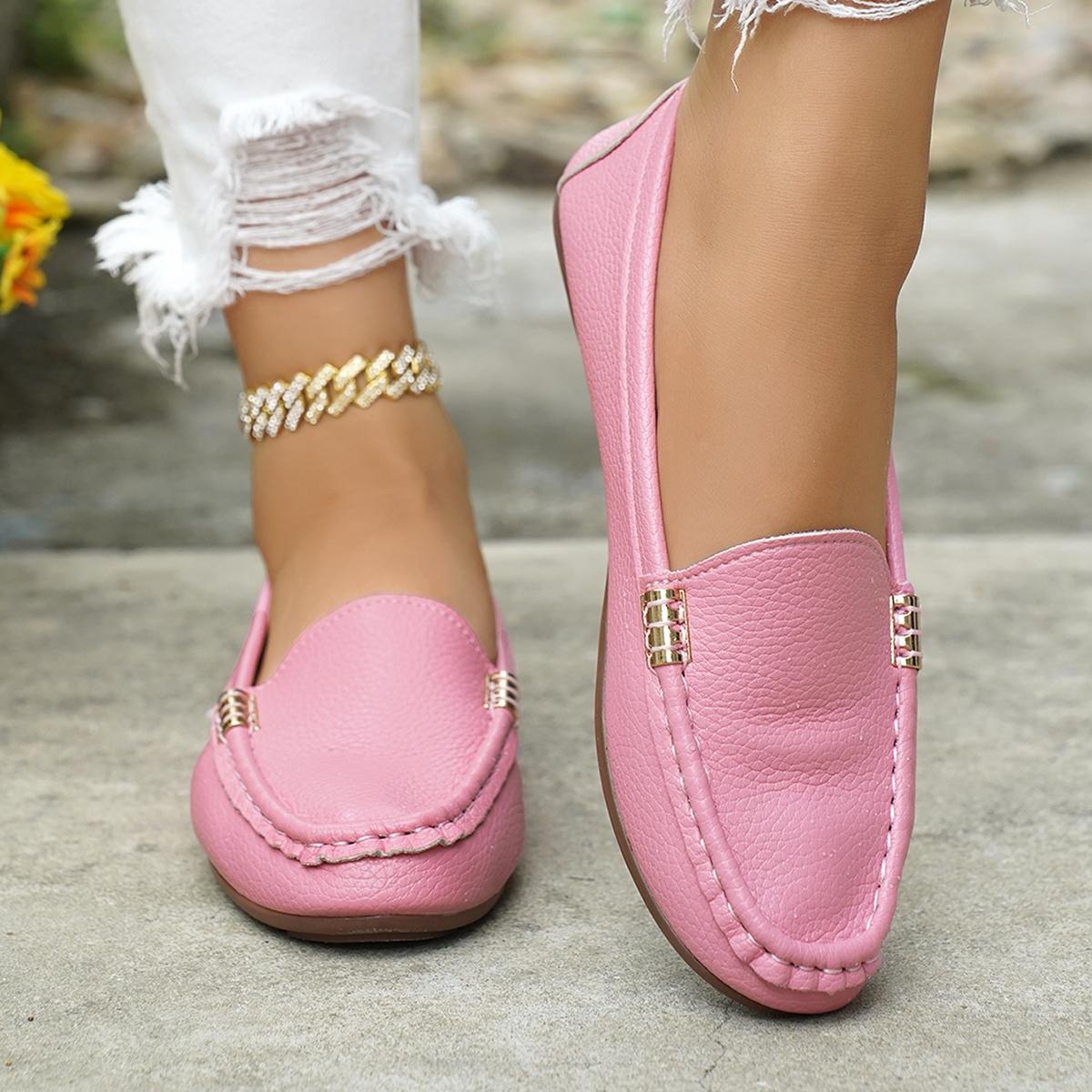 Women's Classic Plain Low Heel Shoes, Fashionable and Sexy, High-End Slant Metal Chain Decoration, Comfortable Casual Loafers, Slip On Shoes