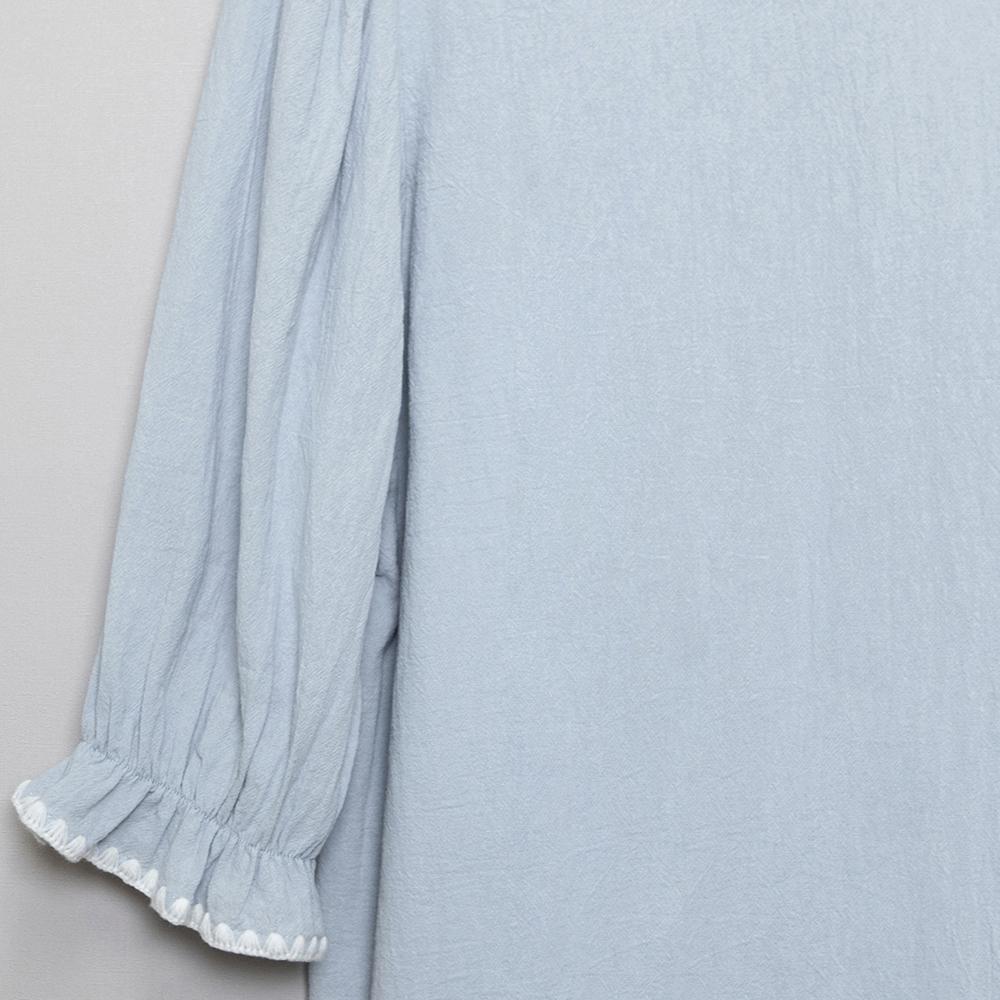 SageVell 100% Cotton 3/4 Puff Sleeve Chambray Shirt - Blue Collared Blouse with White Trim, Cottagecore Essential Top for Women SpringStatements