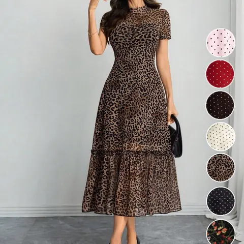 Women's Sexy Leopard Print Elegant Round Neck Mesh Skirt Dress, Stylish Casual Fashion, Perfect for Parties and Daily Wear, Date Night Dresses