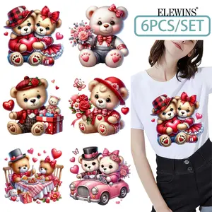 6 hot stamping stickers, watercolor transfer stickers for clothes, Valentine's Day bear heart heat transfer stickers, washable, perfect for decorating DIY T-shirts, hoodies, jeans, backpacks, and pillows, DIY Artificial Rose