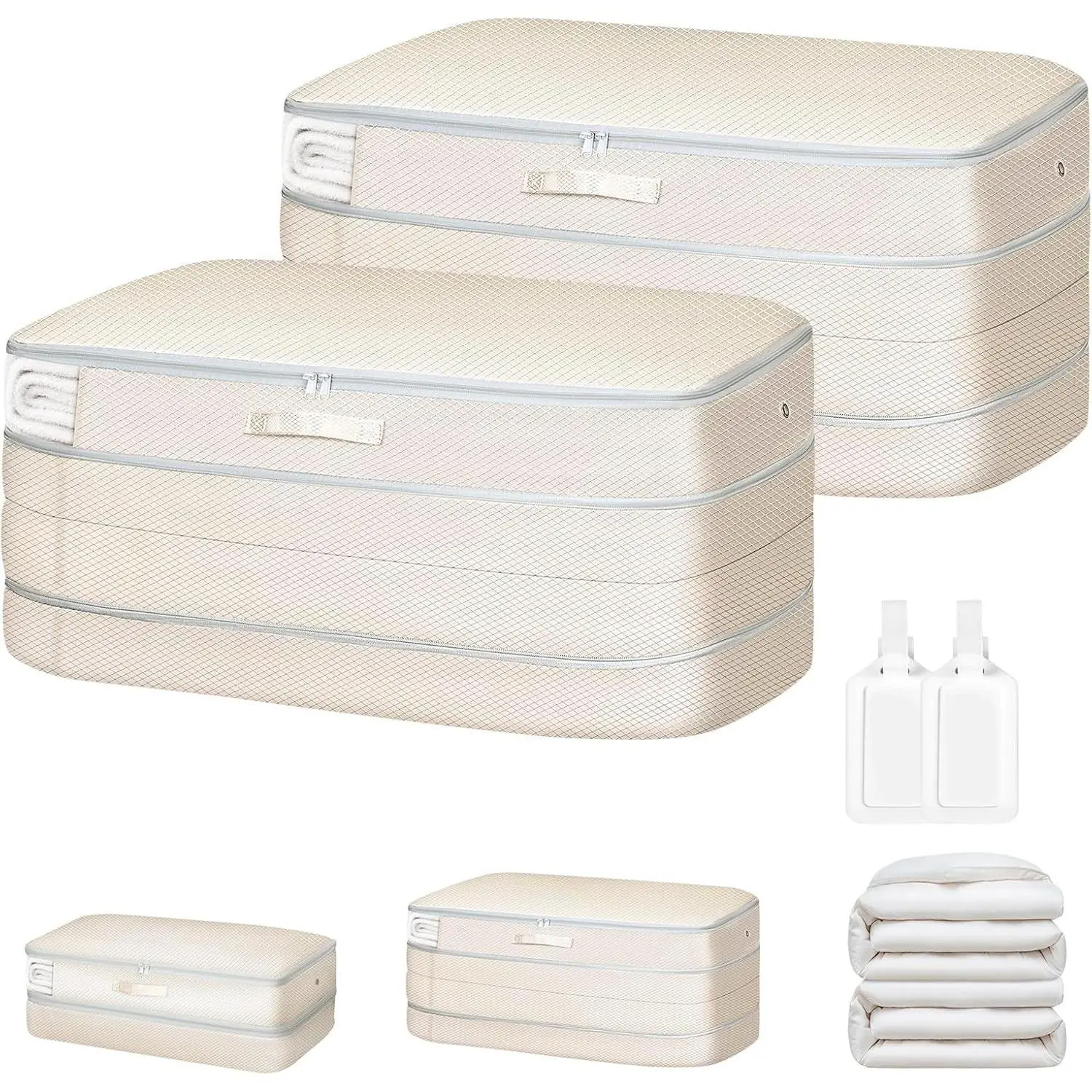 Comforter Storage Bag - Large Capacity Bedding Storage Bags Ultra Space Saving Self Compression Organizer, Washable Compression Bags for Storage Comforter Blanket Duvet Pillow, 2-Pack, Beige