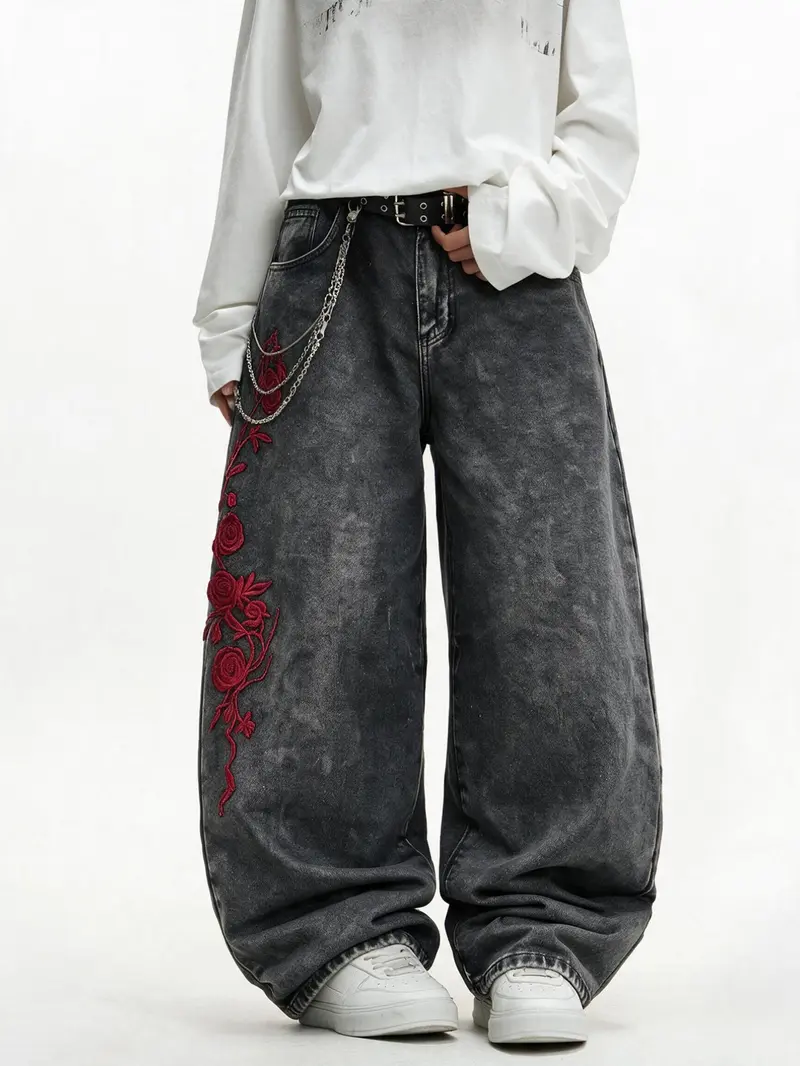 Men's Rose Embroidered Wide Leg Jeans, Vintage Washed Loose Fit Streetwear, Trendy Hip-Hop Long Pants, All Seasons Fashion
