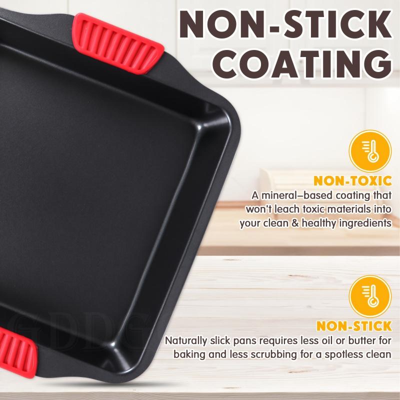 2-Piece Non-Stick Bakeware Set, Carbon Steel Baking Pans with Heat-Resistant Red Silicone Handles, ,Cookie Sheets, Baking Trays, Black