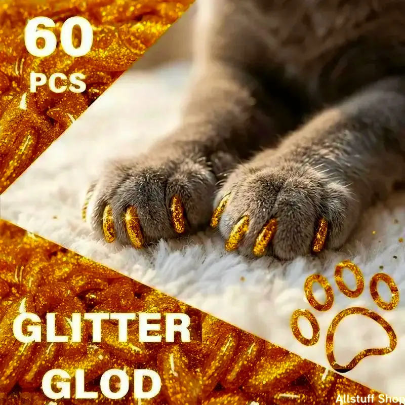 60Pcs Glitter Finish Soft Cat Nail Caps, Non-Toxic Anti-Scratch Claw Covers, Furniture Guard for Cats