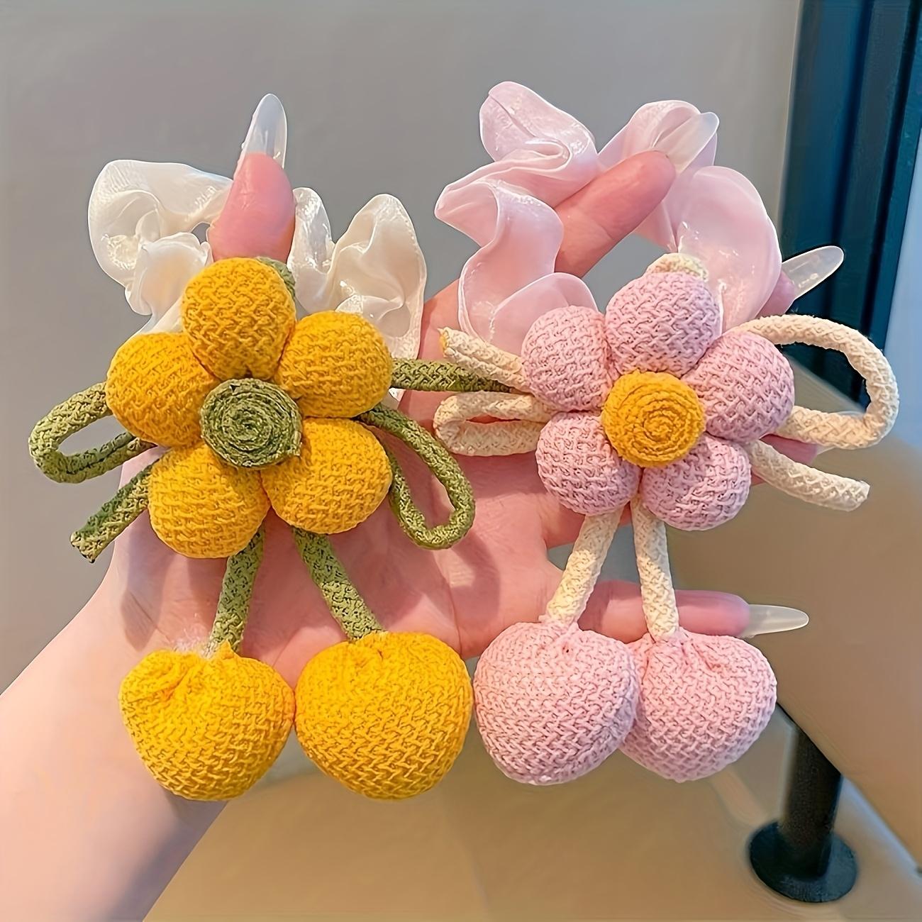 6 Pcs Knitted Flower Hair Scrunchies for Girls Bow Tassel Ponytail Holders Cute Hair Accessories for Kids Double Buns Hairstyle