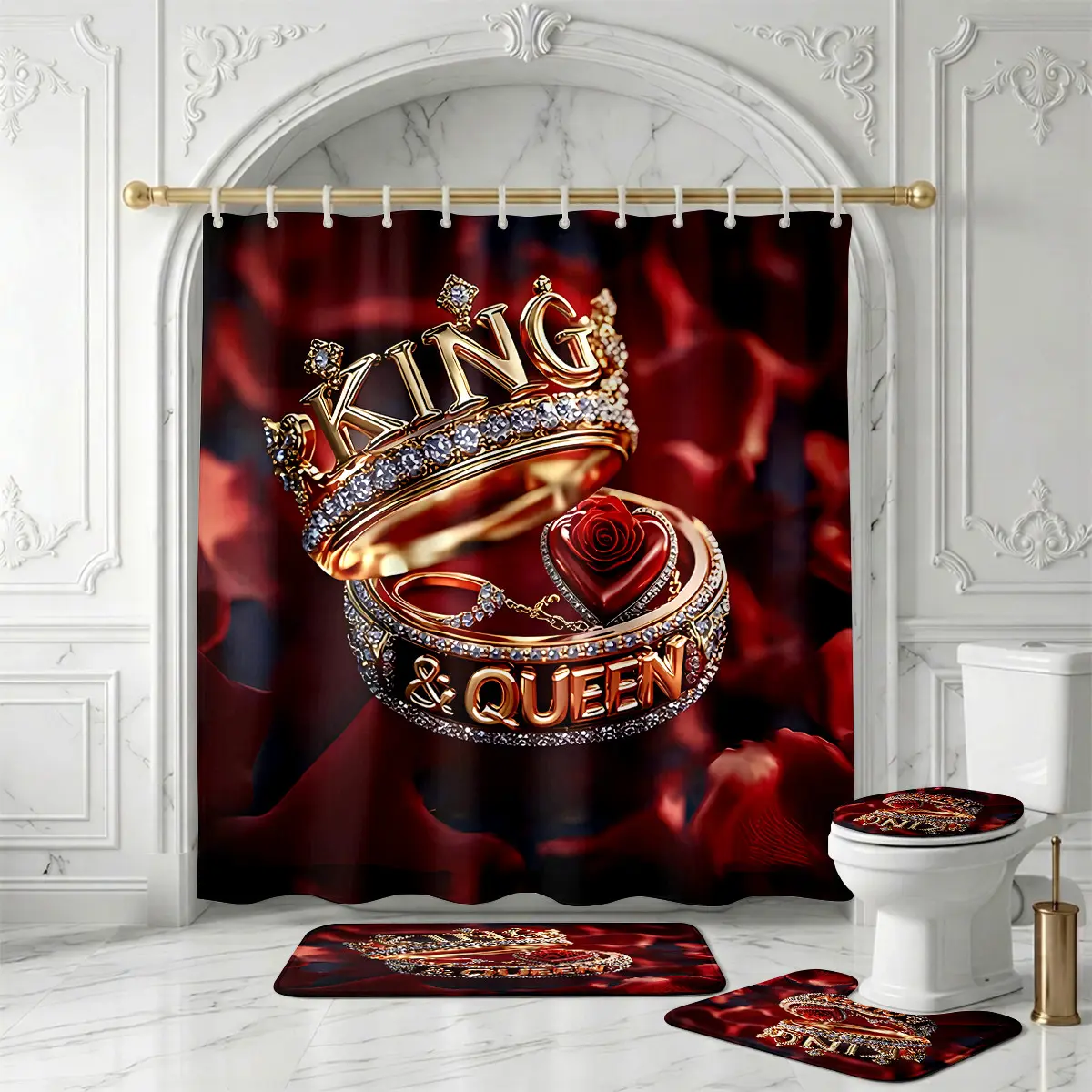 King & Queen Crown Shower Curtain Set – Luxury Gold Diamond Rings Red Rose Petals Romantic Bathroom Decor for Valentine’s Day, Wedding, Anniversary, Engagement & Lovers Holiday Celebration