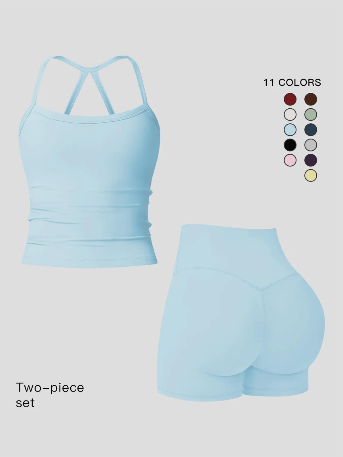 Women's Quick-Dry Two-piece Set, Active Sets, Sculpting Workout Outfit, Solid Backless Cami Top & High Waist Tummy Control Butt-Lifting Shorts, Ladies Sportswear for Indoor Outdoor Wear, Yoga Gym Running Wear, Activewear Yoga Fitness