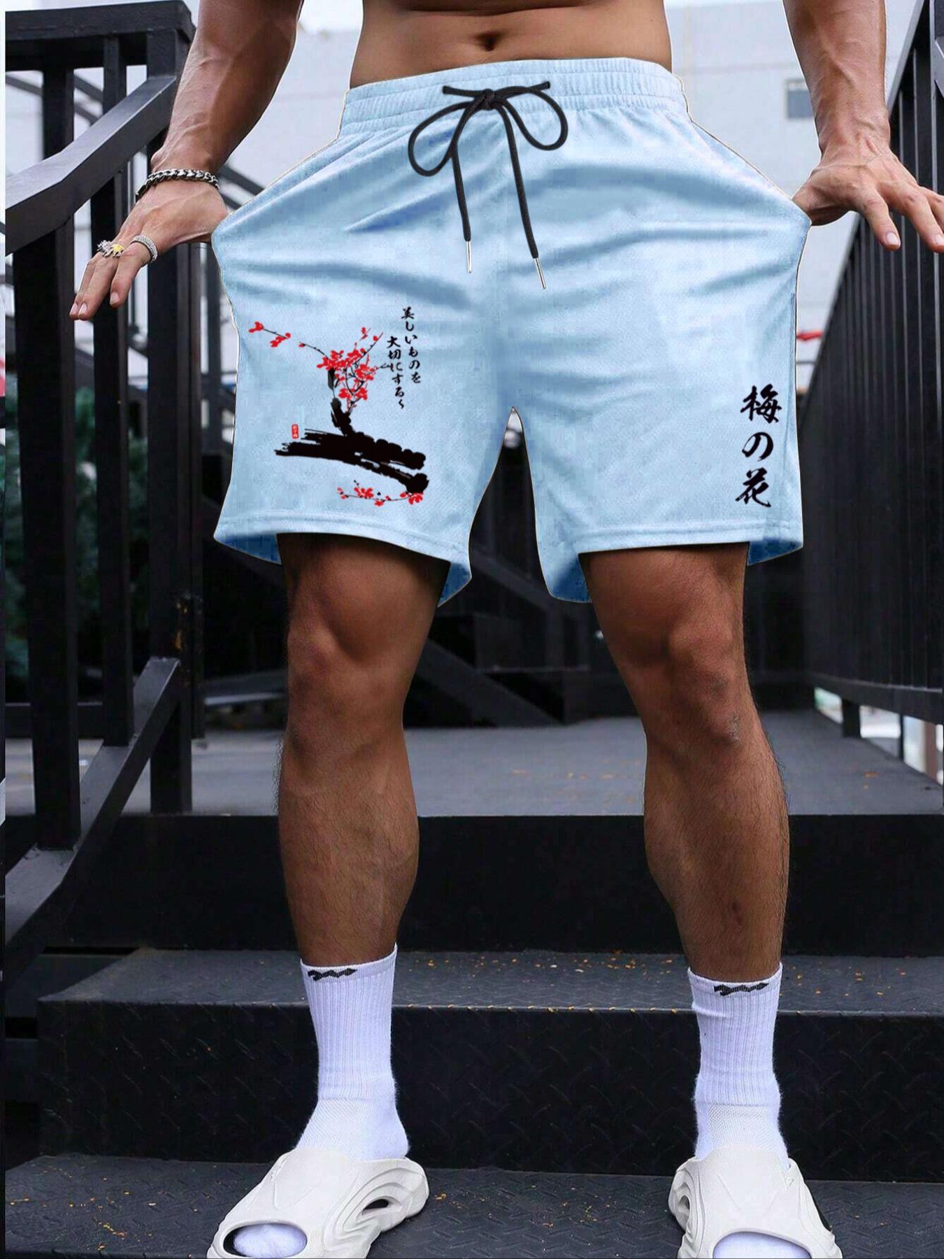 Men's Floral Graphic Print Pocket Drawstring Shorts, Freaky Shorts for Men, Loose Casual Summer Clothes, Men's Bottoms, Elastic Loose Shorts, Casual Streetwear Shorts