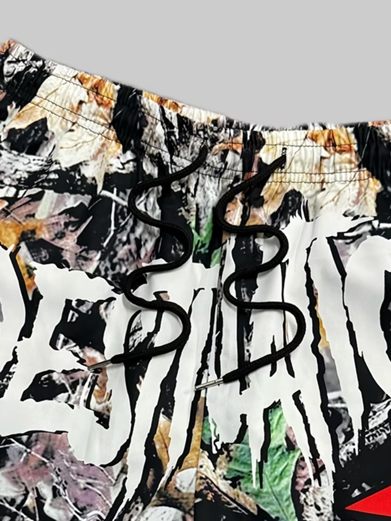 3-Pack Men's Shorts, Graphic Letter Print, Graffiti Style Shorts, Street Style, Trendy Shorts, Casual Athleisure Shorts, Casual, Knee-Length, Drawstring Waist, Comfortable, Spring & Fall, Graphic Athletic Shorts