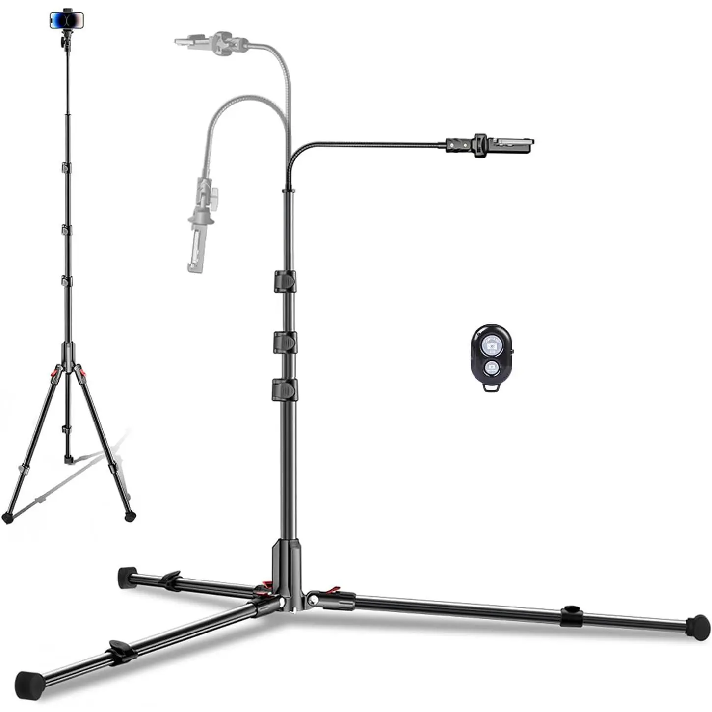 84" Phone Tripod, Tall Tripod for  with Gooseneck & Remote |  Tripod for Travel/Recording/Cooking/Fitness/Vlog/Overhead Shot, with Extendable Base & Adjustable