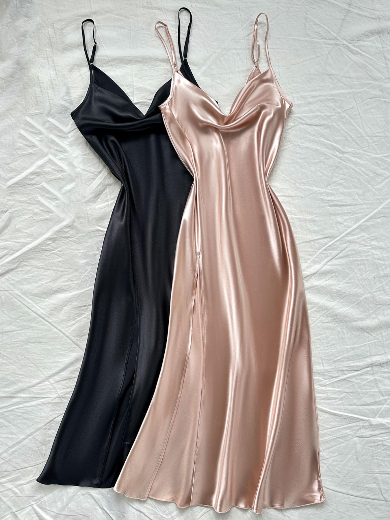 Elegant Backless Cami Nightdress Set, Women's High-Slit Faux-Silk Fabric Sleepwear Collection for All-Season Wear