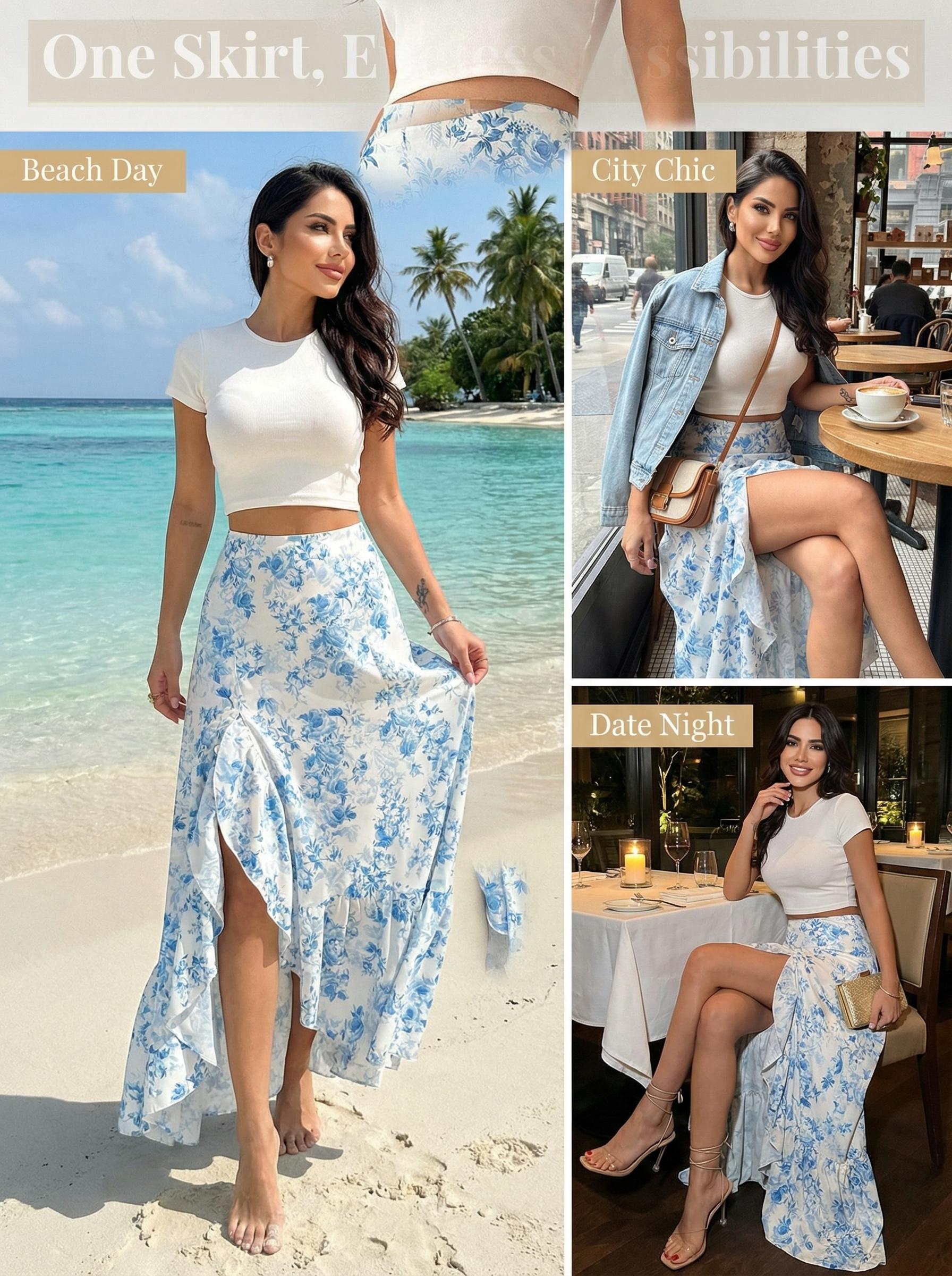 Bohemian Elegant Floral Print Irregular Ruffle A-Line Midi Skirt, Loose-Fitting Design for Garden Parties & Beach Vacations, Spring