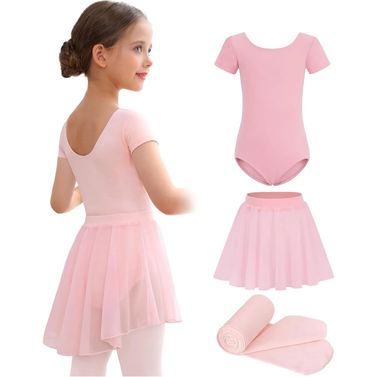 Girls' Cotton Fabric Ballet Leotard Skirt + Tights Combo, Toddler Classical Dance Gymnastics Tutu Dress Set