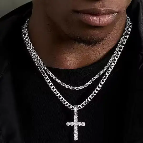 304L Stainless Steel Cross Pendant Necklace, 2PCS Golden, Silvery Shiny Cubic Zirconia Cross Pendant Retro Cuban Twist Chain Stackable Jewelry Gifts Cross Chain Necklaces for Men Women